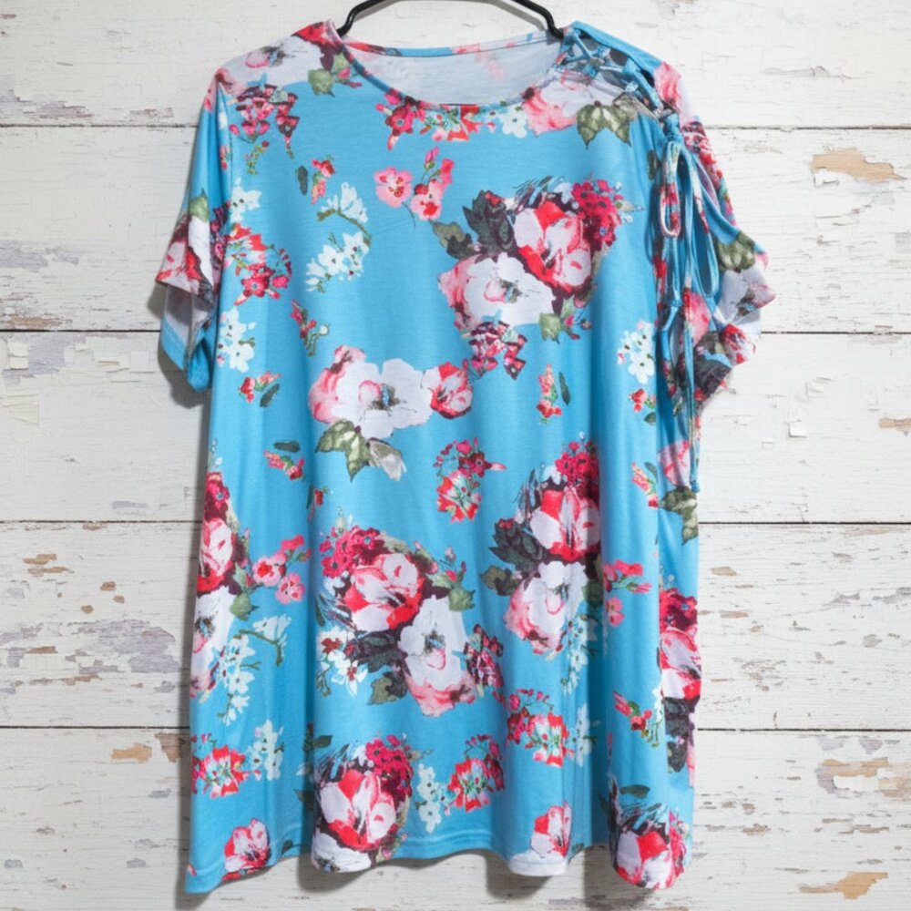 XXL Plus Size Blue Floral Print Top Short Sleeve Shoulder Tie Detail